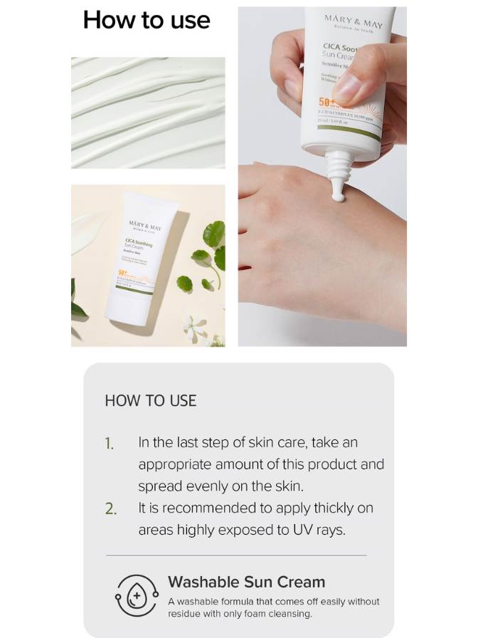 Instructions on how to use a washable sun cream with a product image and application demonstration.