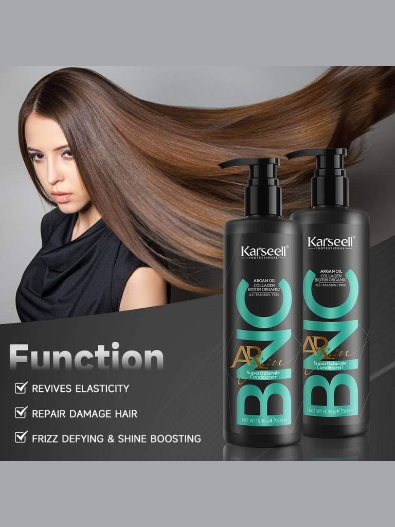 Two Karseell hair care bottles with a woman displaying styled hair against a gray background.