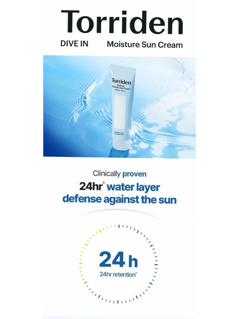 Torriden moisture sun cream with water droplet graphic on a white background