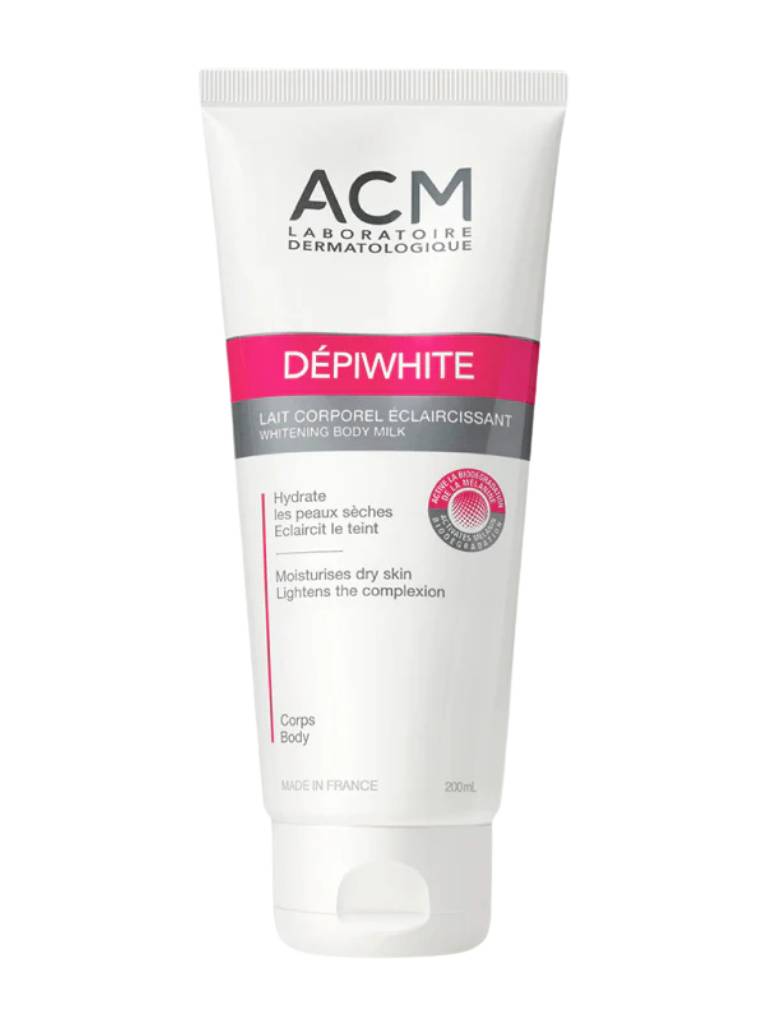 Tube of ACM Dépiwhite body milk on a white background