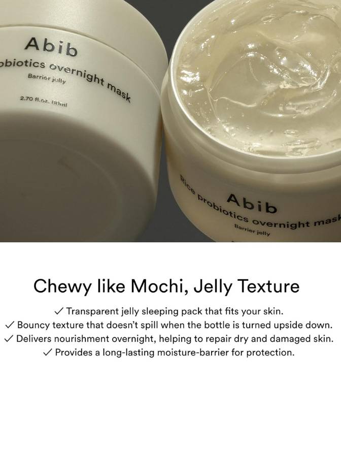 Abib probiotics overnight mask with text describing its chewy texture and benefits.