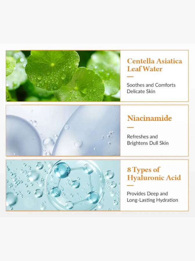 Product packaging with green leaves, water droplets, and molecular structure on a white background