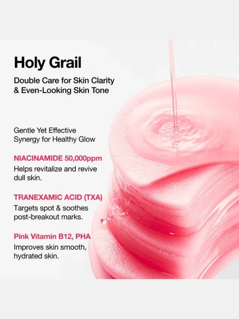 Product advertisement for 'Holy Grail' skincare with pink liquid and text on a white background