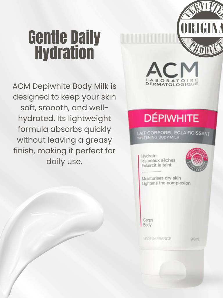 ACM Depiwhite body milk with text on gentle daily hydration and product certification.
