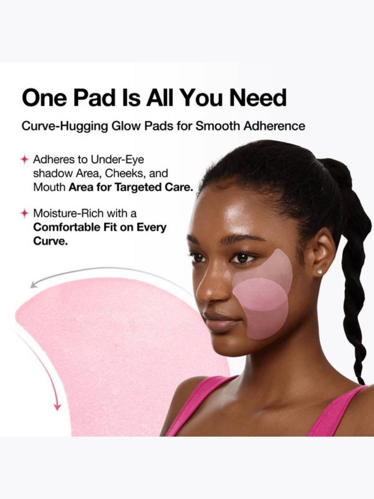 Woman wearing pink glow pads with product description text on a white background