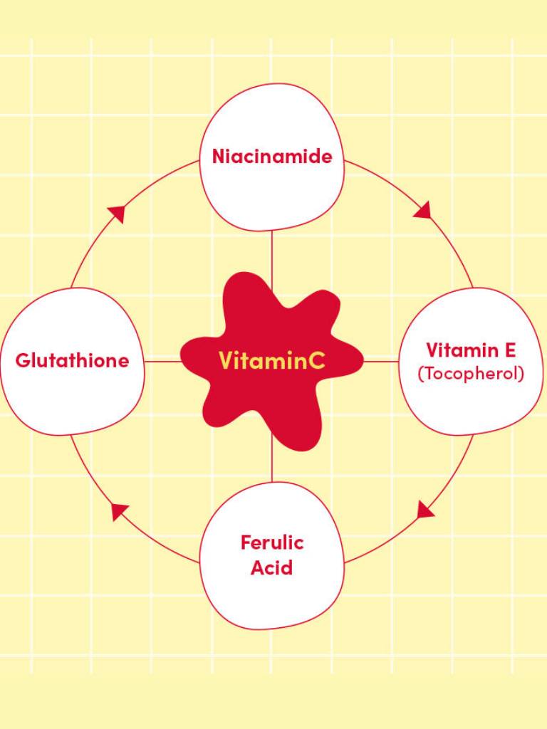 Diagram of Vitamin C and its related compounds on a grid background