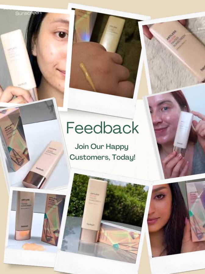 Collage of people using skincare products with a 'Feedback' call to action overlay.