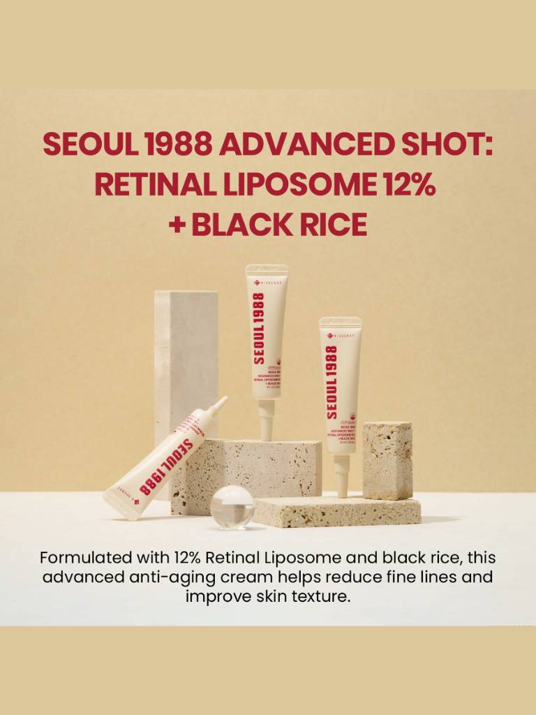 Seoul 1988 skincare products with text about retinal liposome and black rice on a beige background