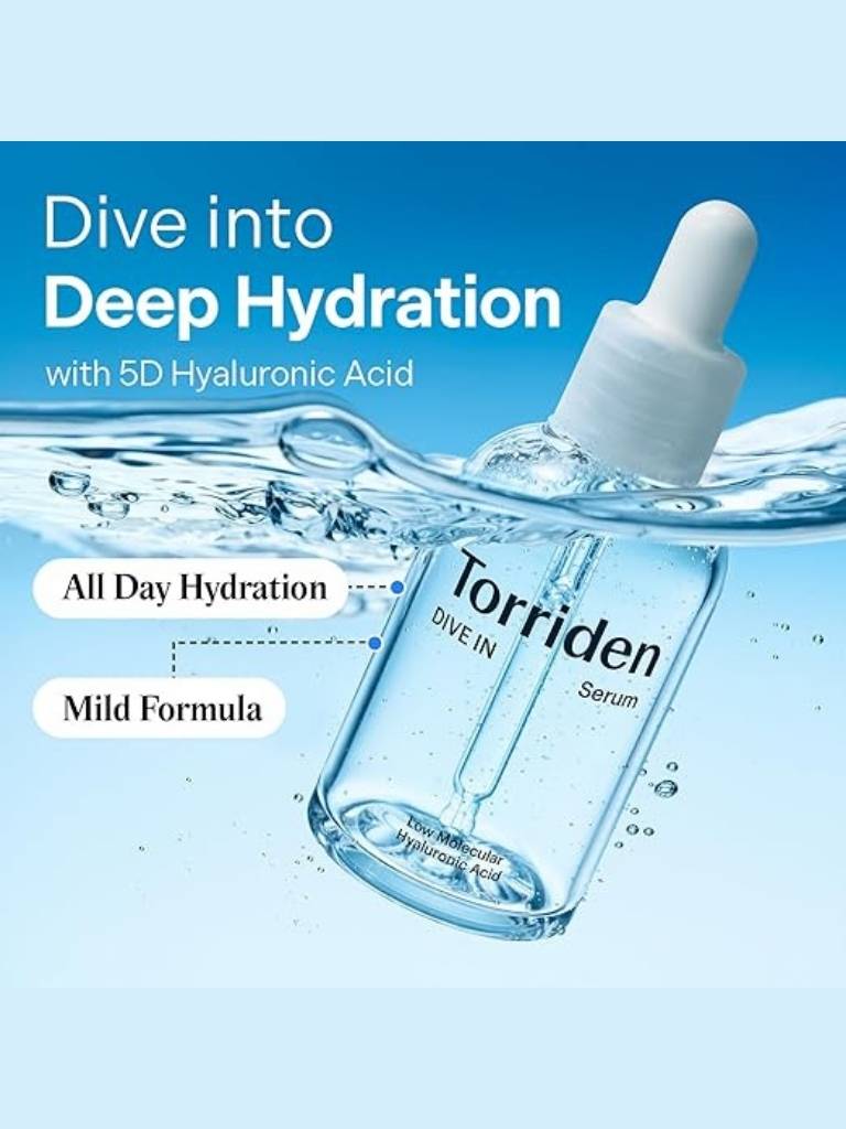 Torriden serum bottle with dropper on a blue background, promoting deep hydration.