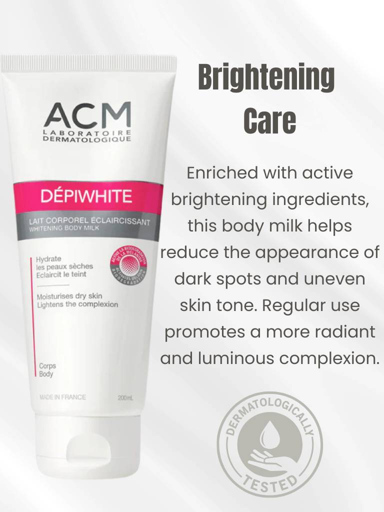 Body milk tube with ACM Dermatologique branding and text about brightening care.