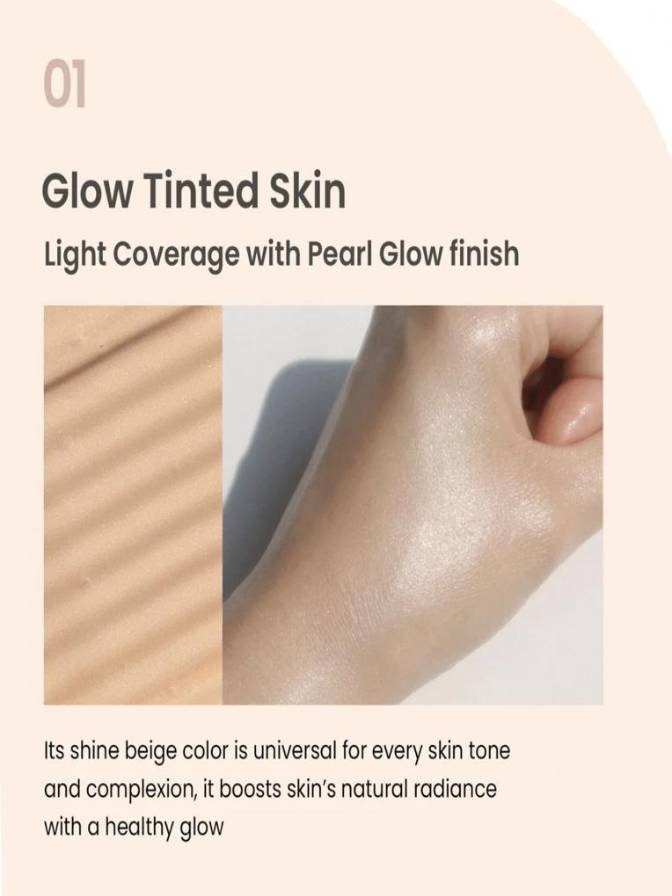 Glow Tinted Skin product with pearl glow finish on a beige background