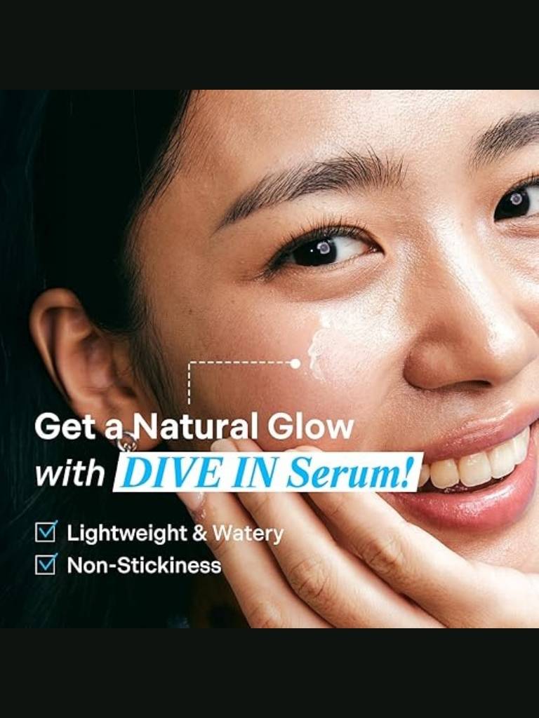 Advertisement for DIVE IN Serum with a woman's face showing a natural glow.