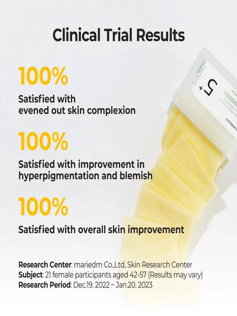 Clinical trial results for skin improvement with a skincare product on a white background