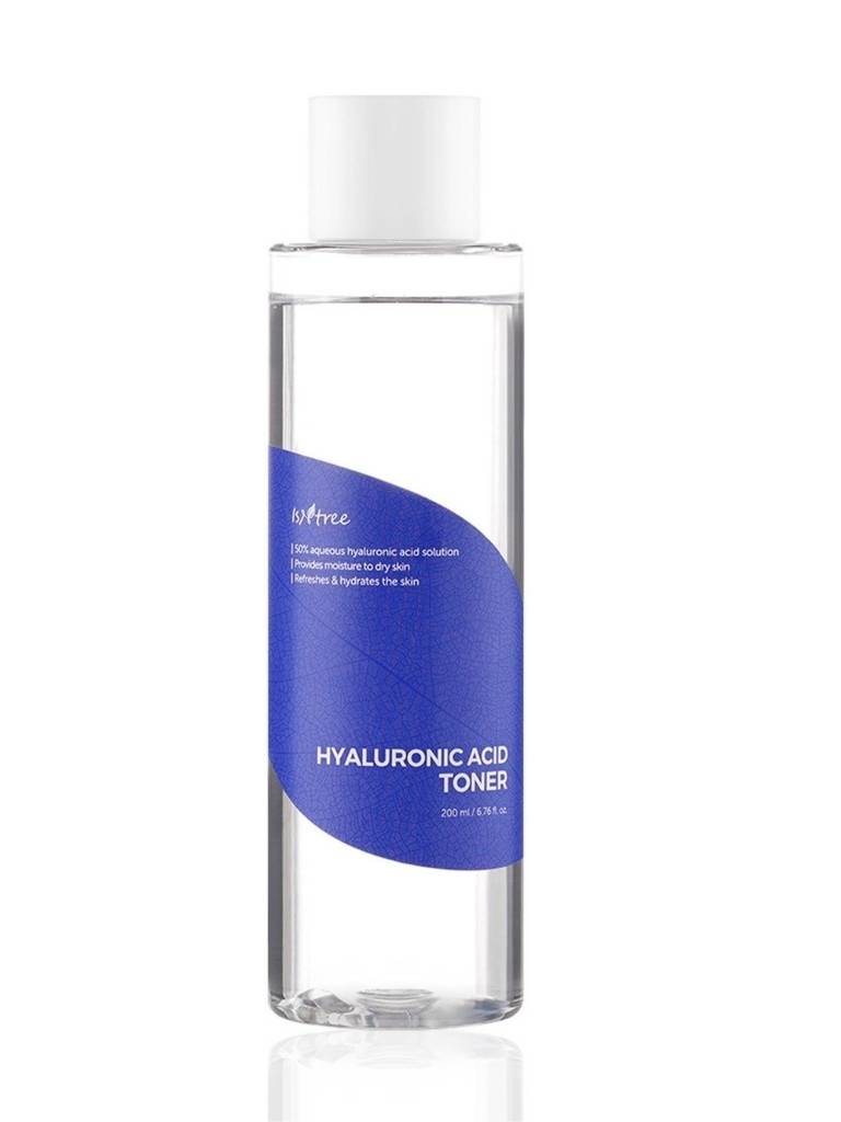 Hyaluronic acid toner bottle with blue label on a white background