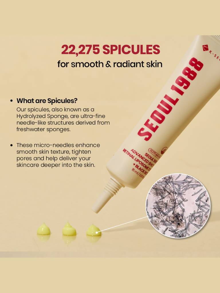 Seoul 1988 skincare product with spicules text and close-up on beige background
