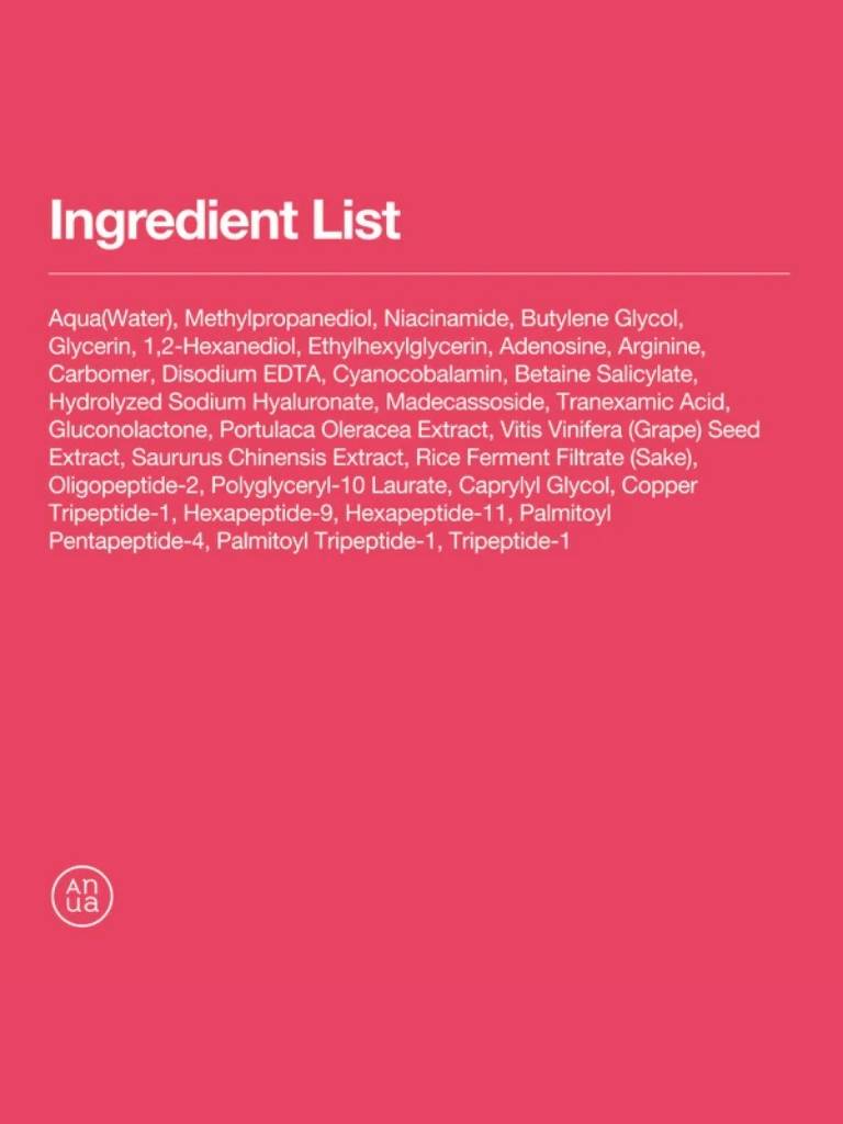 Ingredient list of anua skincare product on a pink background with a visible brand logo of anua