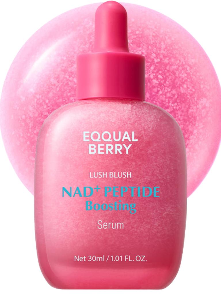 Pink serum bottle with dropper labeled 'Eqqual Berry' on a white background
