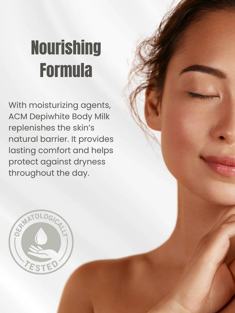 Woman with smooth skin holding her hand, with text about ACM Depiwhite Body Milk and moisturizing agents.