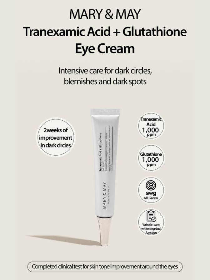 MARY & MAY Tranexamic Acid + Glutathione Eye Cream packaging on a light beige background