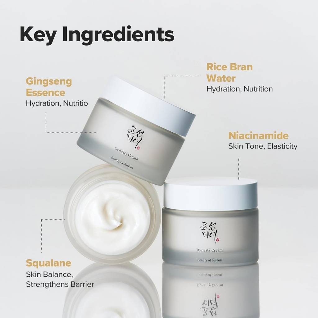 “Model applying Beauty of Joseon Dynasty Cream – glowing and moisturized skin effect”

