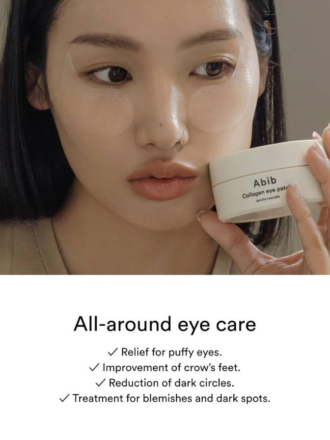 Person holding a container of Abib eye cream with text about eye care benefits.