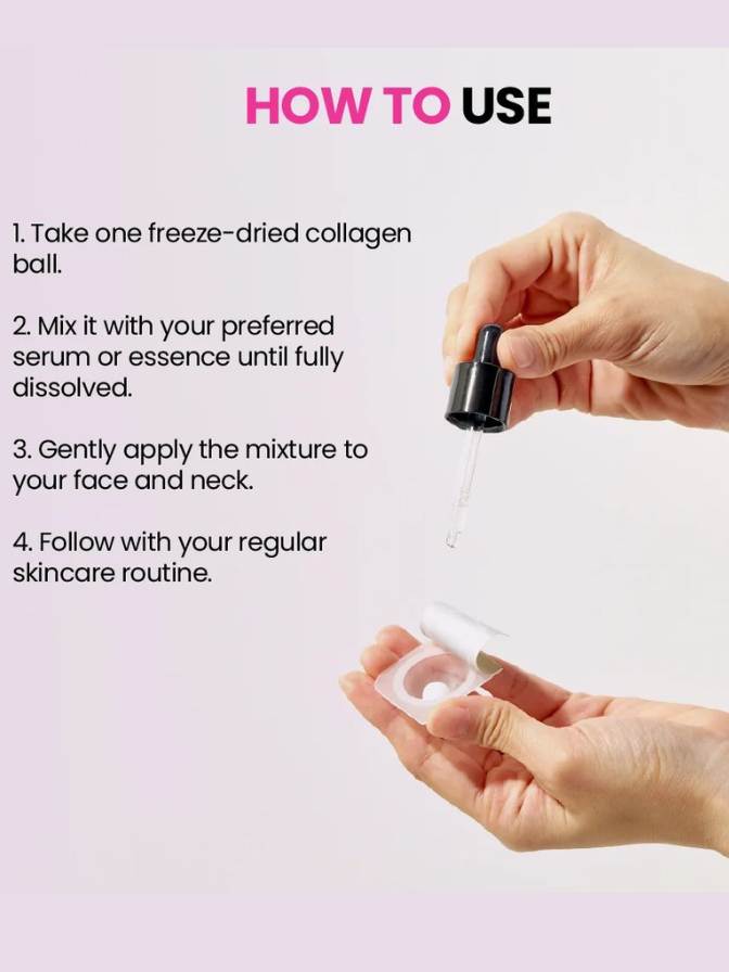 Instructions on how to use a freeze-dried collagen ball for skincare.