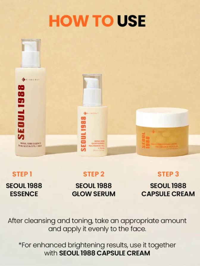 Three skincare products with step-by-step instructions on a beige background