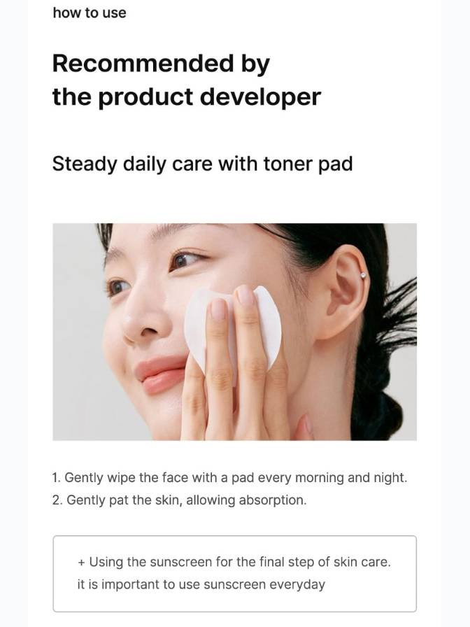 Instructions for using a toner pad with a photo of a person applying it to their face.