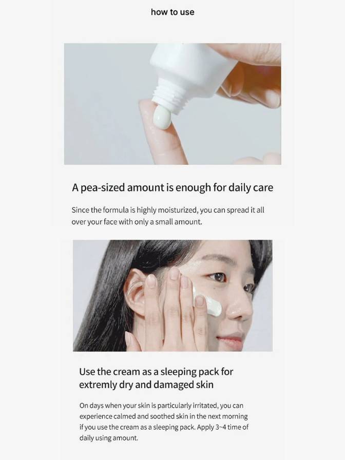 Instructions on how to use a skincare product with text and images of a hand applying cream and a person using it.