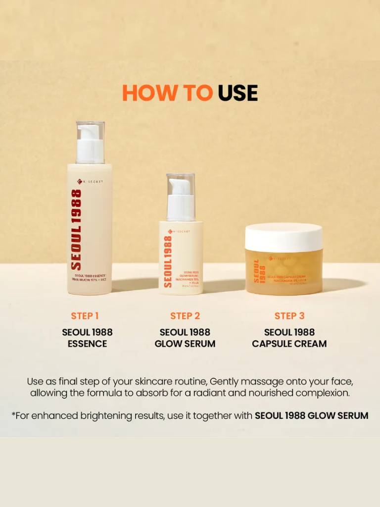 Skincare product set with 'Seoul 1988' branding on a beige background