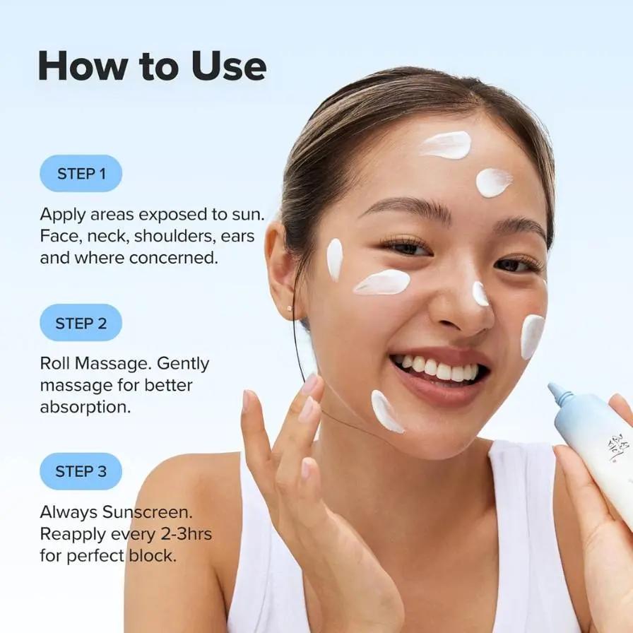 Woman applying sunscreen with text on how to use it