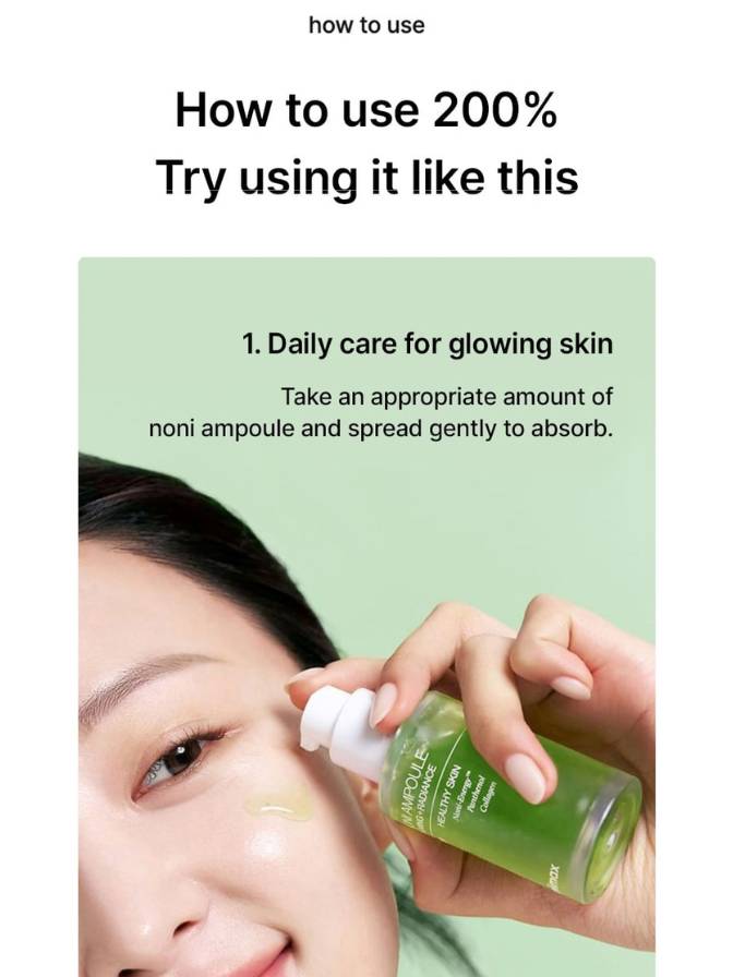 Instructions on how to use a skincare product with a bottle and text overlay.
