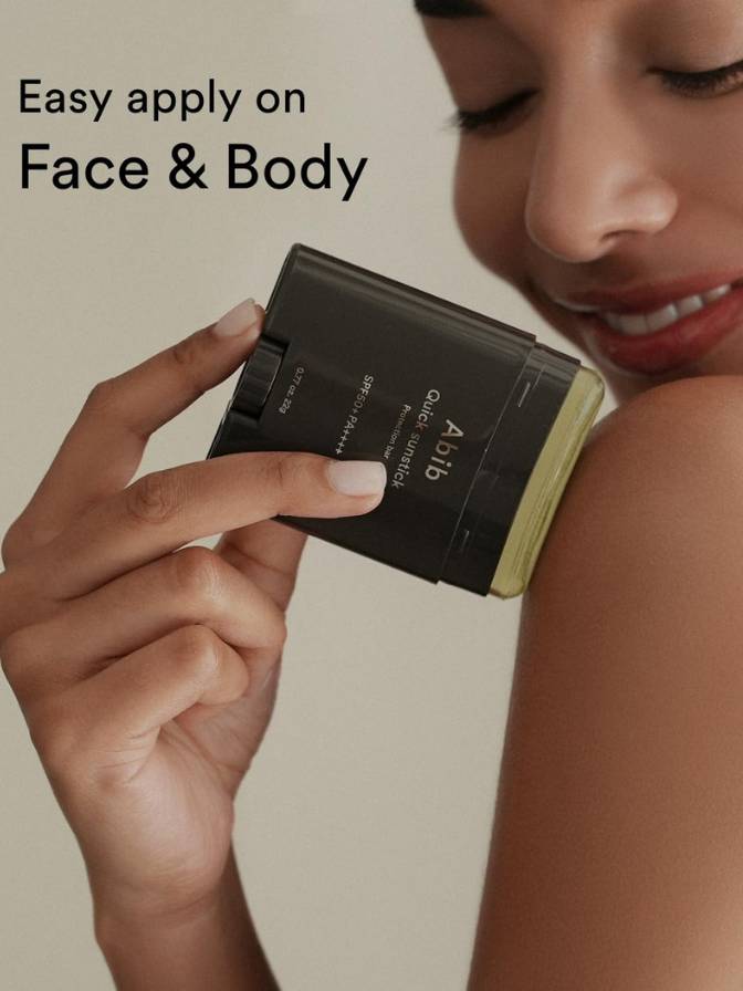 Person applying a cosmetic product to their arm with text 'Easy apply on Face & Body'.