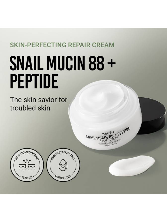 Jumiso Snail Mucin 88 + Peptide skin-perfecting repair cream on a gray background