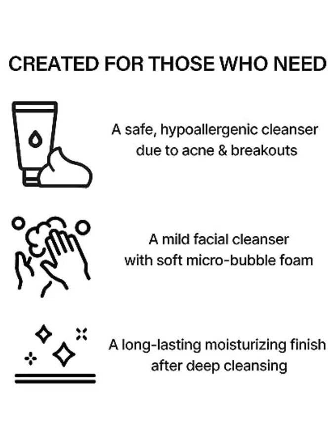 Product description for a safe, hypoallergenic cleanser with icons and text on a white background.