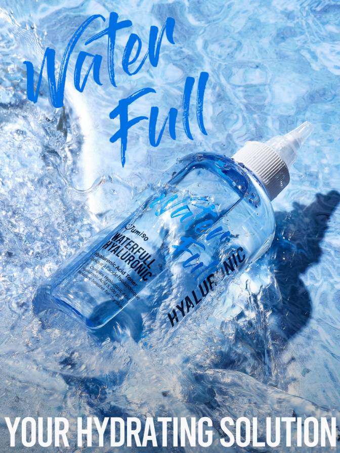 Bottle of 'Water Full' hydrating solution on a icy background with text.