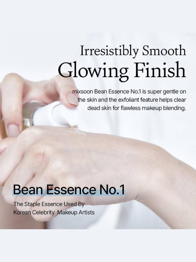 Advertisement for Bean Essence No.1 with text about its exfoliant feature and glow effect.