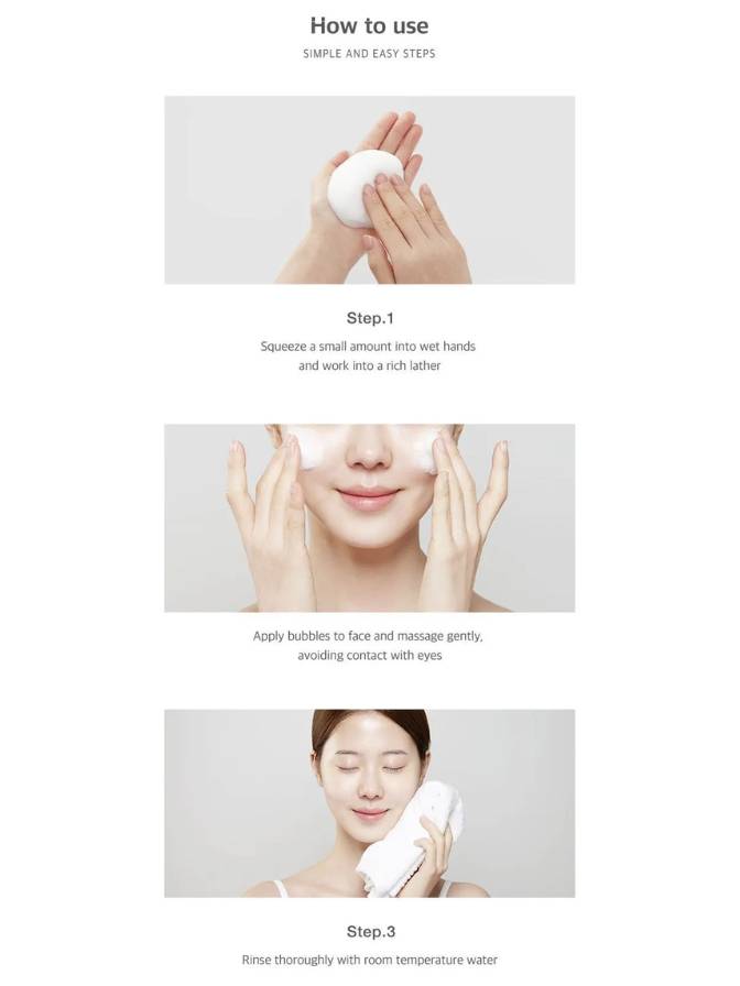 Instructions on how to use a facial cleansing product with step-by-step guidance.