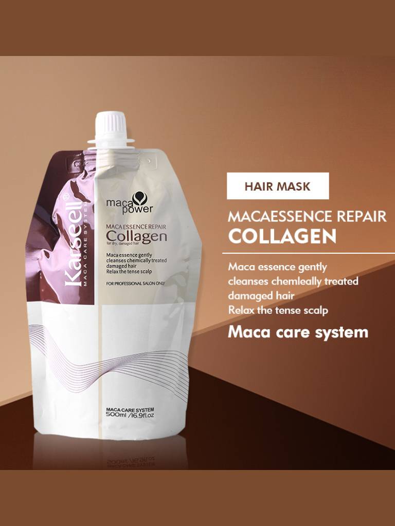 Hair mask packaging with branding on a brown background