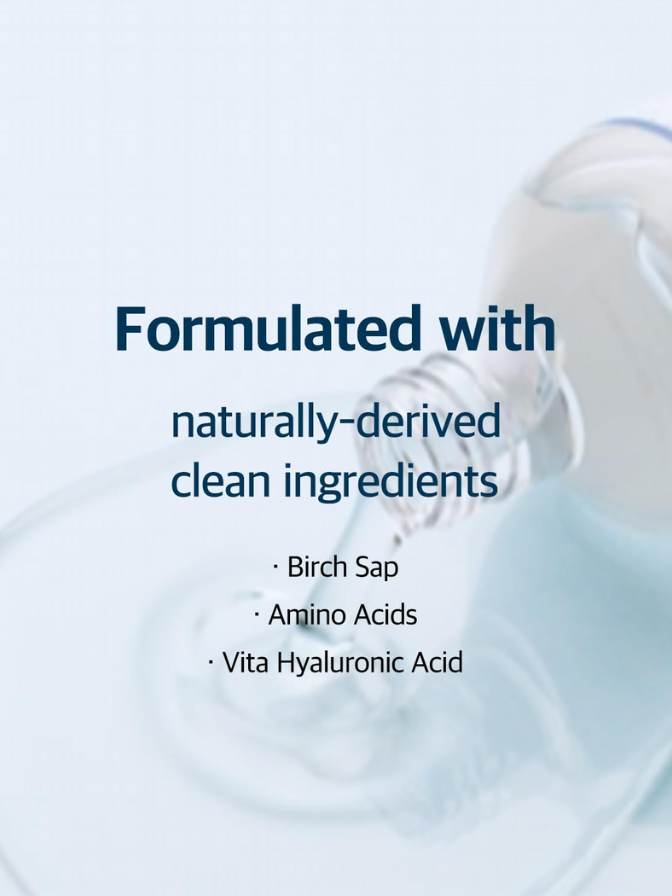 Product packaging with text about naturally-derived clean ingredients on a light blue background