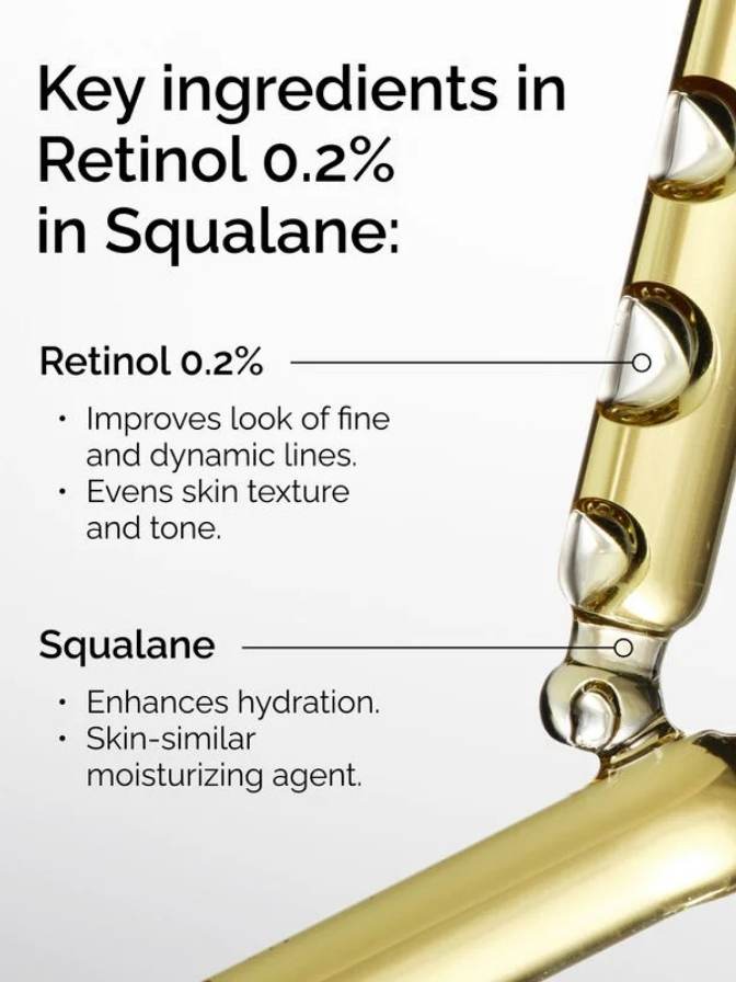 Vial of Retinol 0.2% in Squalane with text detailing its key ingredients on a white background.