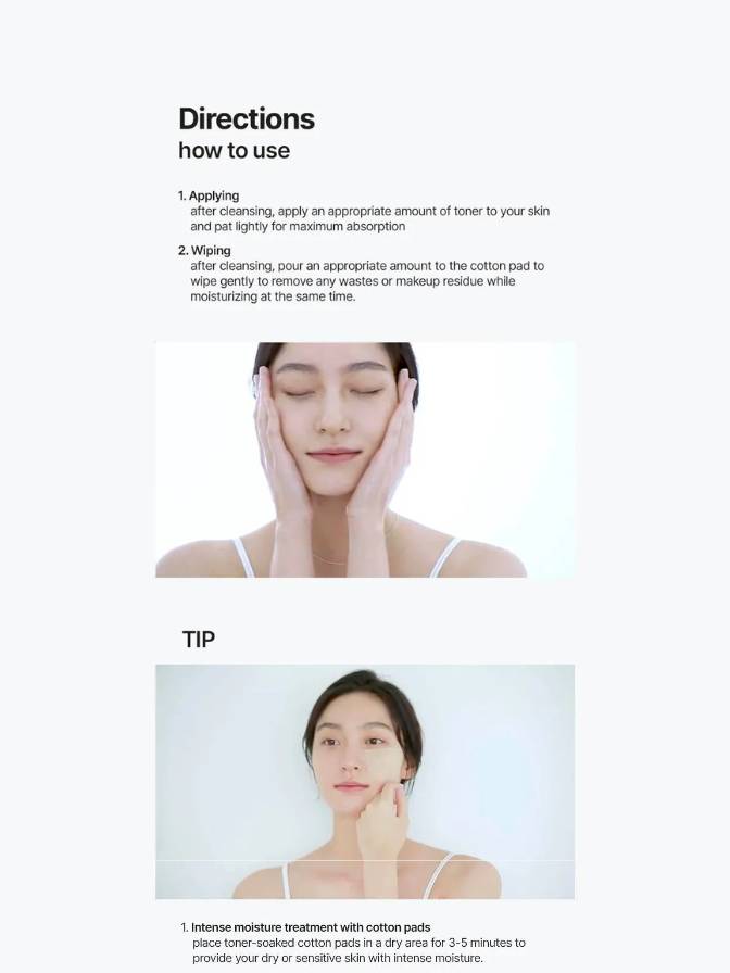 Instructions on how to use toner with a person applying it to their face.