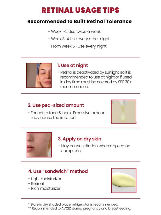 Retinal usage tips for skincare with text and small images on a white background