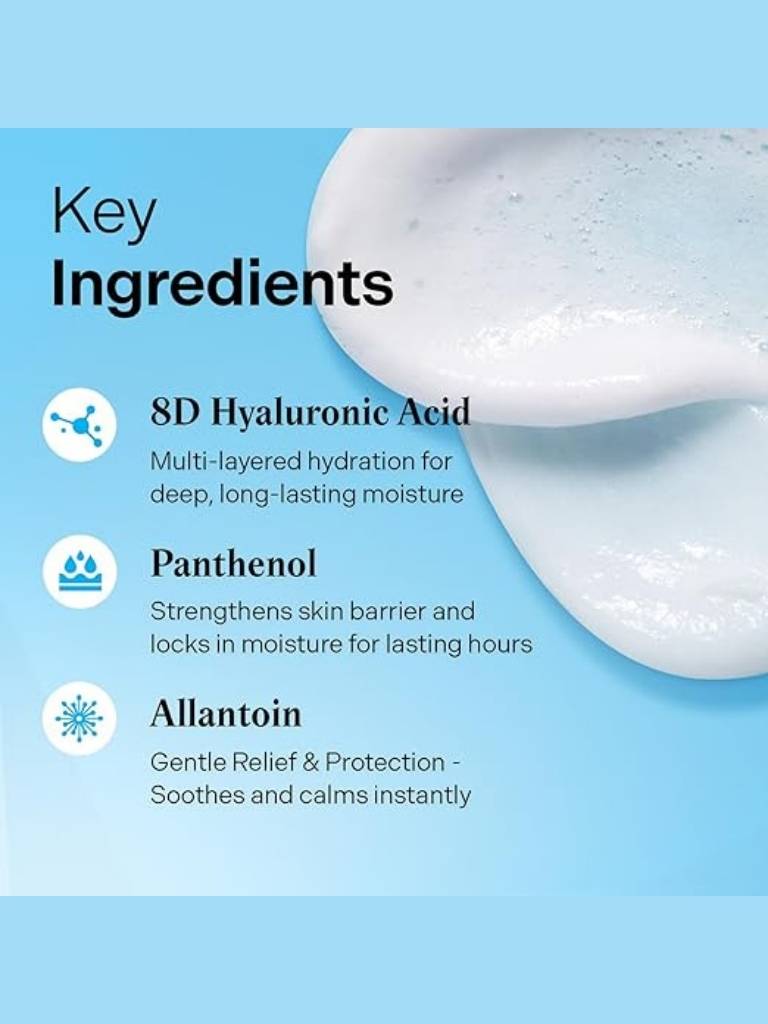 Key ingredients of skincare product with 8D Hyaluronic Acid, Panthenol, and Allantoin on a blue background.