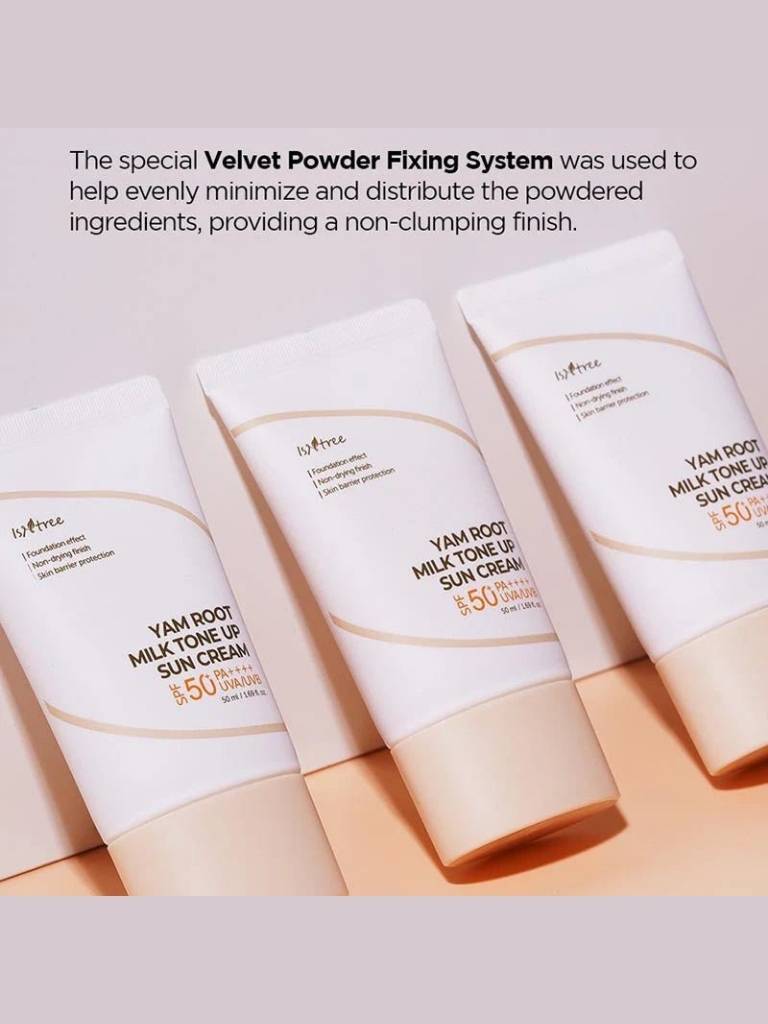 Three tubes of Yam Root Milk Tone Up Sun Cream on a light background with text about the Velvet Powder Fixing System.