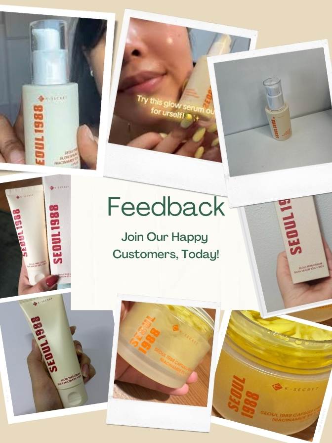 Collage of skincare products with promotional text for feedback and joining happy customers.