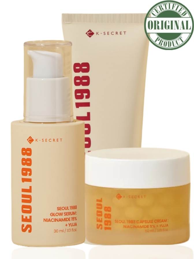 K-SECRET skincare products including serum, cream, and tube with 'Seoul 1988' branding.
