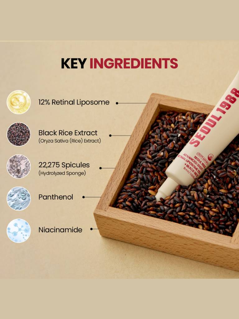 Key ingredients of a skincare product with a wooden box and black rice extract.
