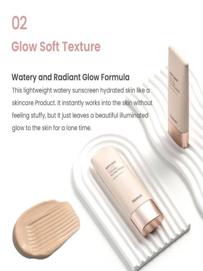 Sunscreen product with applicator and description of 'Glow Soft Texture' on a white background