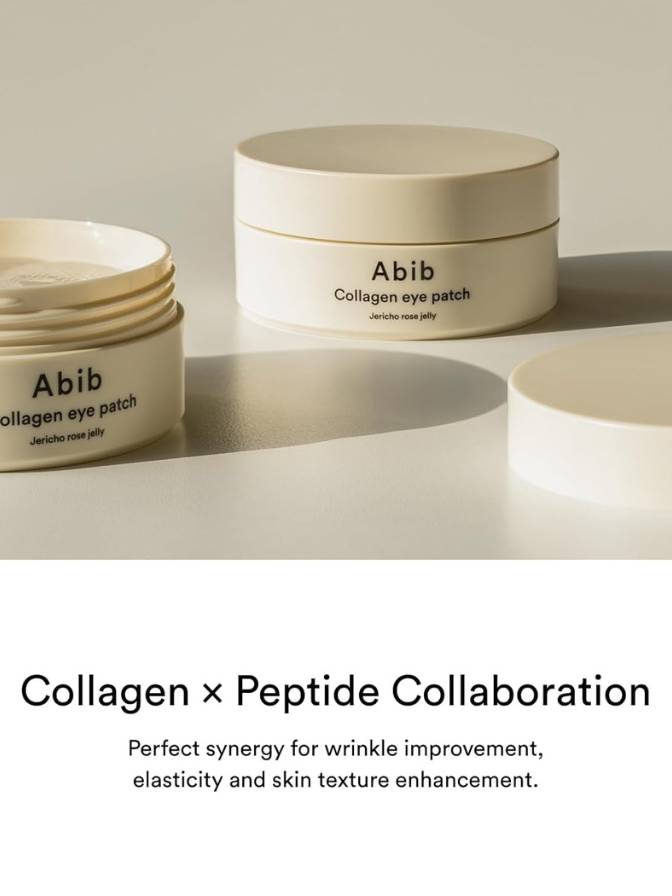 Two jars of Abib collagen eye patches on a neutral background with text about collagen and peptide collaboration.